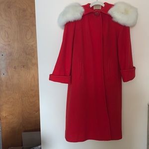 Vintage Designer Maurice Original 1940s Red Dress Coat with Fur Accent